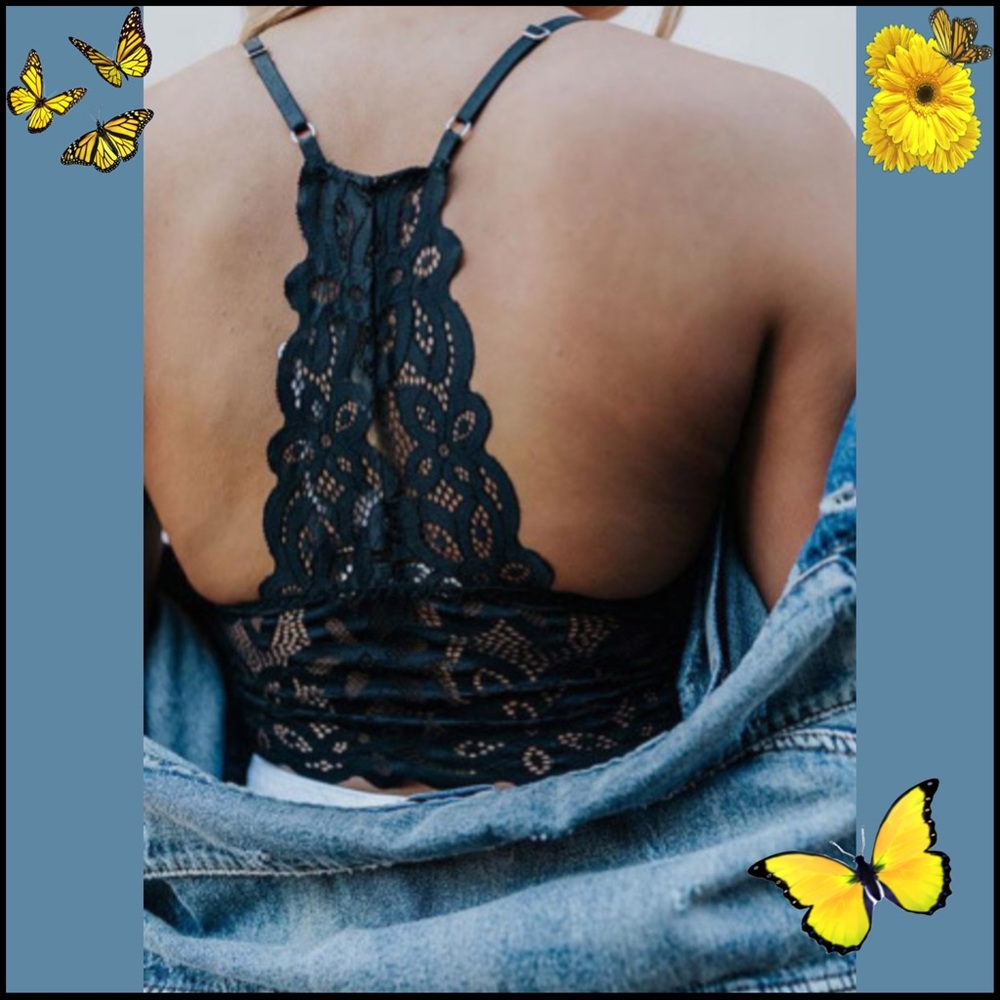 BLACK LACE FLORAL CROCHET SPAGHETTI-STRAP BRALETTE Sz MEDIUM - Picture 2 of 13